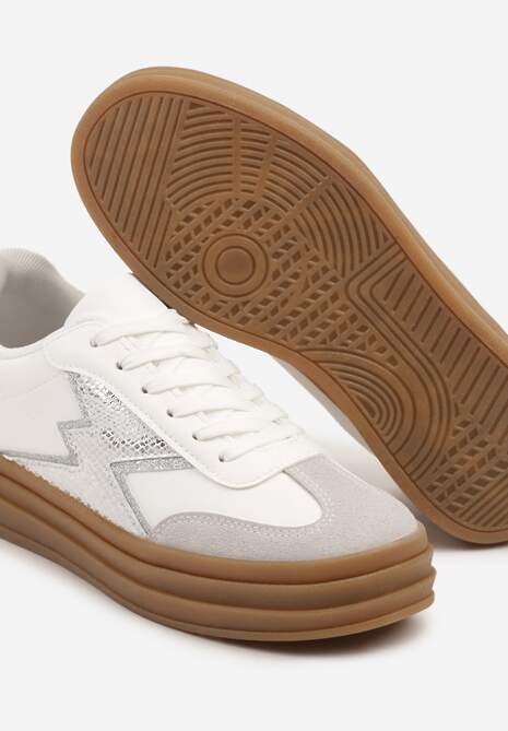 Srebrno-Białe Sneakersy w Stylu Tenisówek Ozdobione Geometrycznym Wzorem Tolivanna