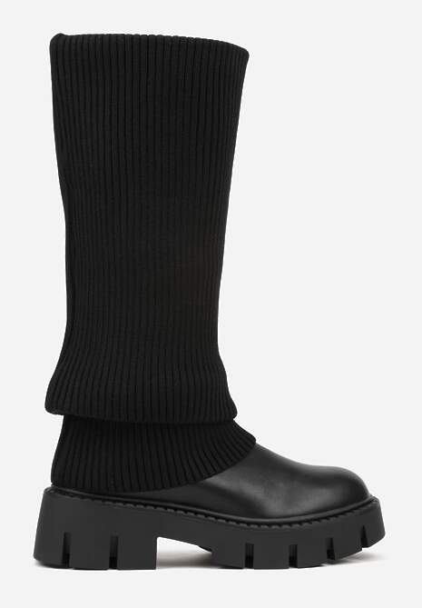 Czarne Kozaki Chunky z Dzianinową Cholewką Imitującą Nogawkę Fenema