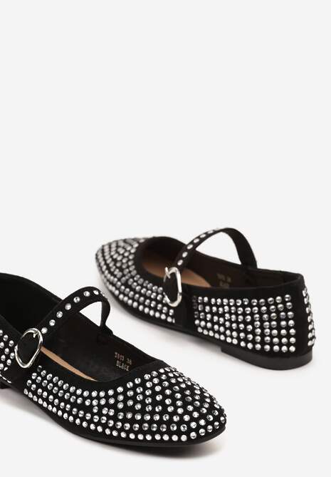 Czarne Balerinki na Płaskiej Podeszwie Ozdobione Cyrkoniami i Regulowanym Paskem Nenivia
