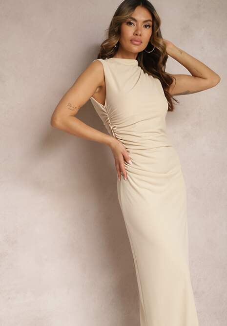 Beżowa Sukienka Bodycon o Dopasowanym Fasonie Bez Rękawów z Drapowaniem Roxelina