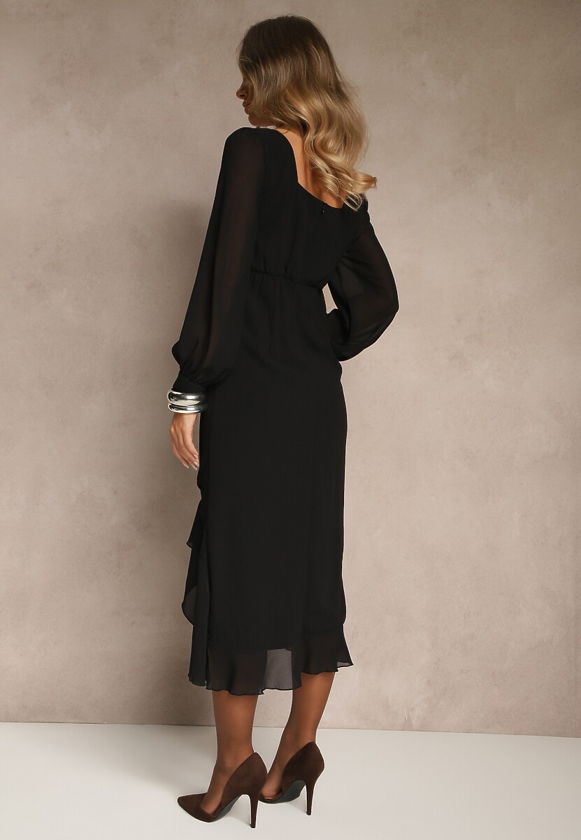 Czarna Sukienka VICES o Taliowanym Kroju z Falbankami i Bufiastymi Rękawami Tevite