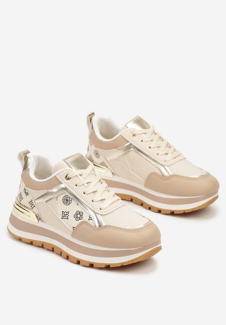 Beżowe Sneakersy Ozdobione Geometrycznym Wzorem i Metaliczną Wstawką Ifira