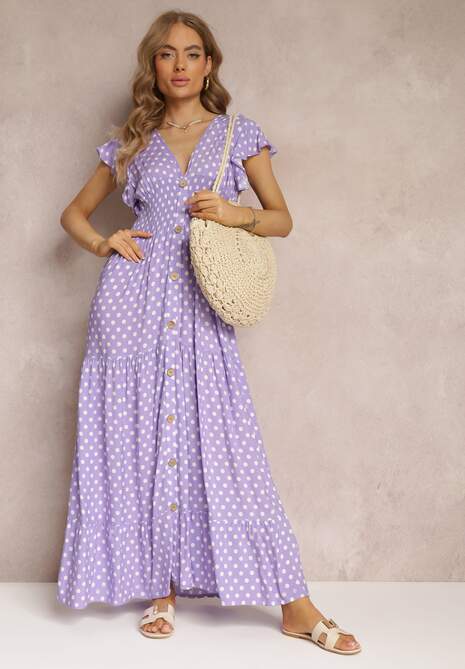 Fioletowa Rozkloszowana Sukienka Maxi w Kropki z Gumką w Talii Janey
