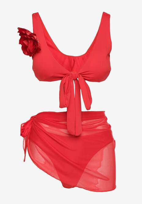 Czerwone Bikini Majtki Figi Biustonosz z Broszką Kwiatu 3D i Siateczkowe Pareo Folissa