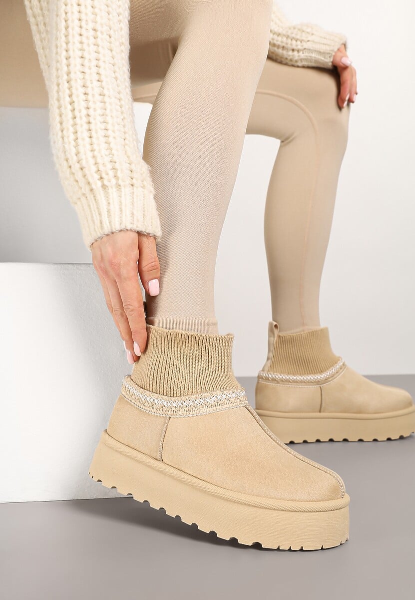 Beżowe Śniegowce na Platformie ze Skarpetową Cholewką Erevelis