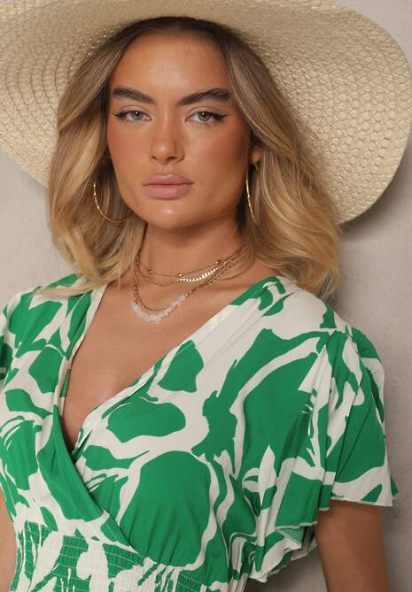 Zielona Kopertowa Wiskozowa Sukienka Rozkloszowana z Abstrakcyjnym Wzorem Rallevia