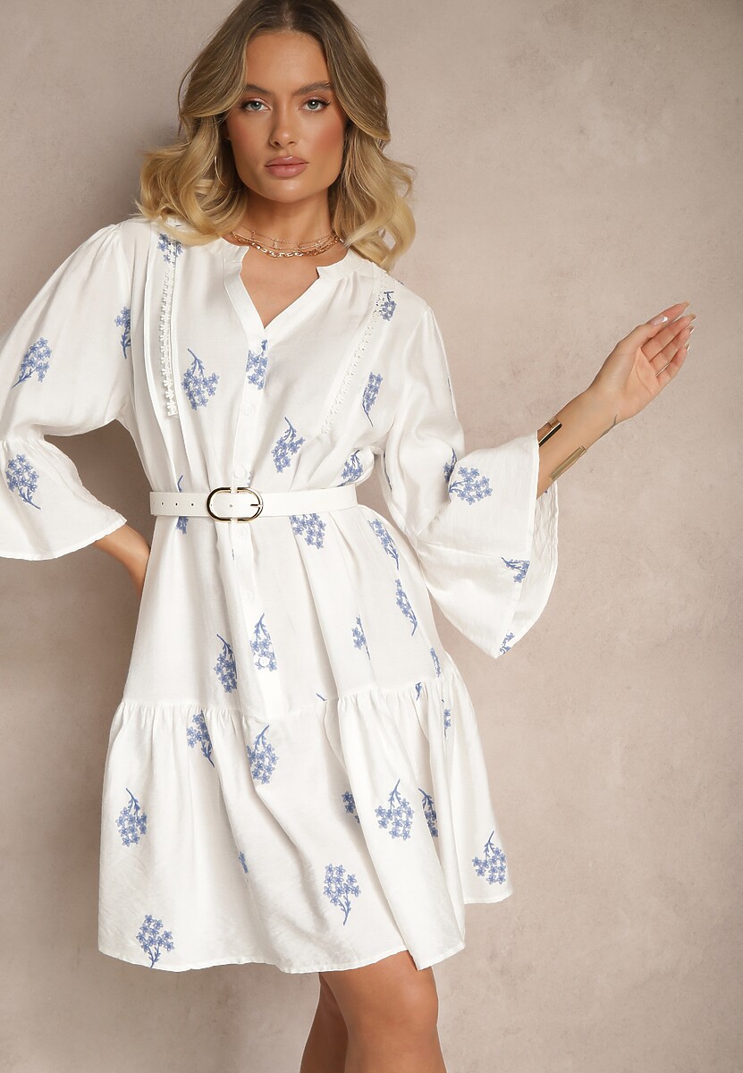 Biała Sukienka z Wiskozą o Kroju Oversize z Falbaną Zdobiona Haftem Ilanorin