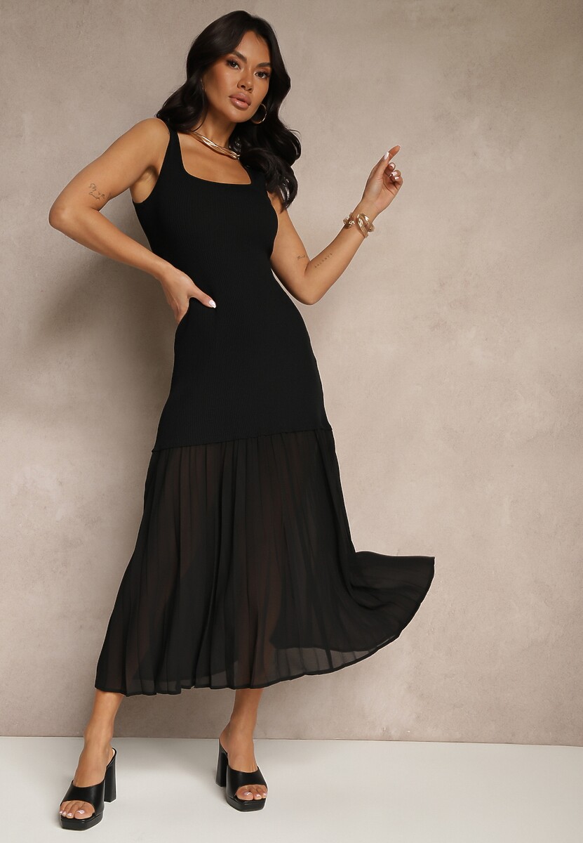 Czarna Taliowana Sukienka na Ramiączkach z Prążkowanej Tkaniny z Tiulem Nolzedi