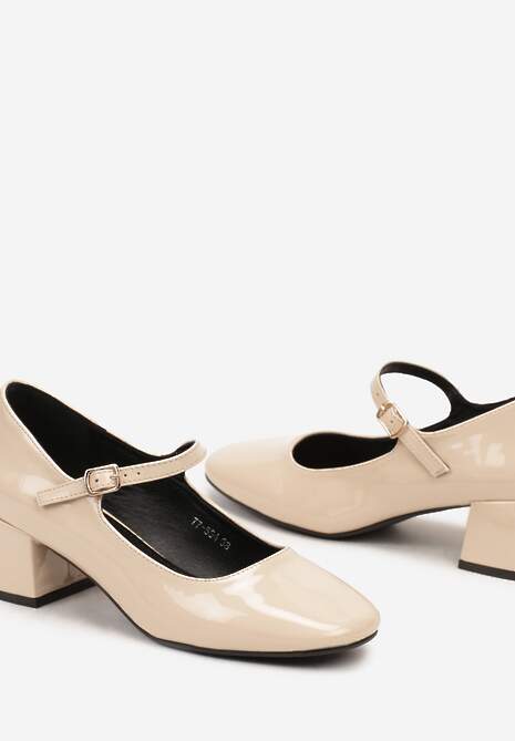 Beżowe Lakierowane Czółenka na Niskim Słupku w Stylu Mary Jane Eriola