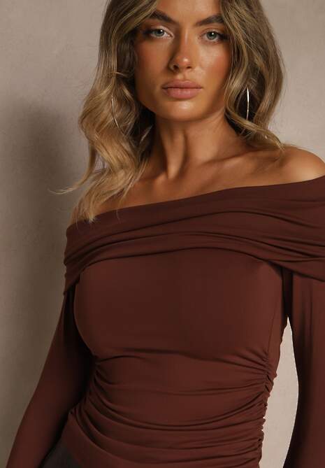 Brązowa Marszczona Bluzka Hiszpanka Vices z Wywiniętym Dekoltem Termola