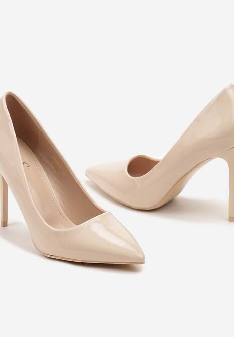 Beżowe Szpilki z Lakierowanej Imitacji Skóry na Szpilce Pranesta