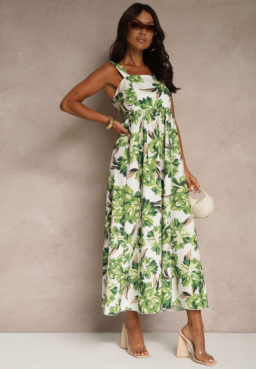 Zielona Sukienka z Wiskozą o Rozkloszowanym Kroju z Kwiatami Nilestra