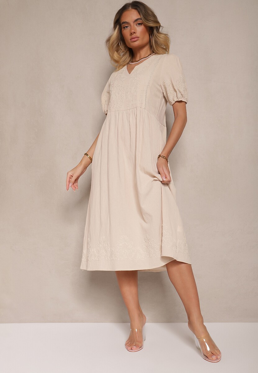 Czarna Rozkloszowana Sukienka z Bawełny w Stylu Boho z Haftowanymi Zdobieniami Lannilsa