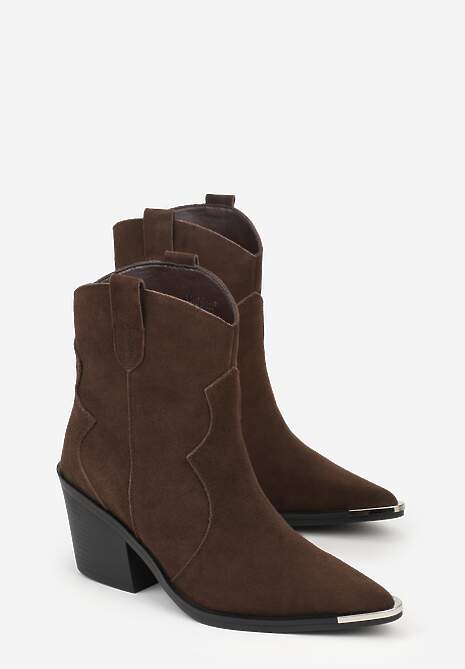 Ciemnobrązowe Skórzane Botki Kowbojki z Metaliczną Aplikacją na Nosku Saneara