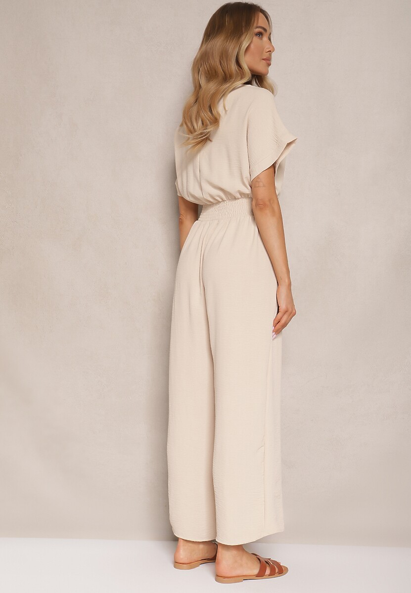 Beżowy Wiskozowy Kombinezon z Dekoltem w Serek Zapinany na Guziki Anisora