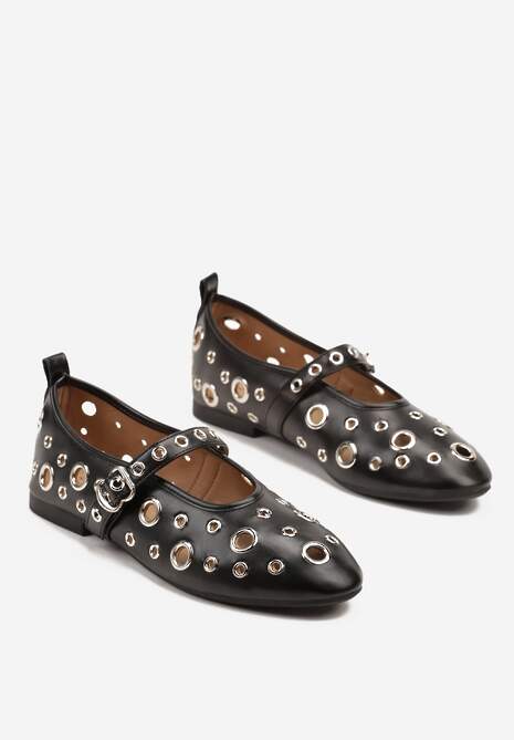 Czarne Balerinki Ozdobione Paskiem i Metalicznymi Aplikacjami Erathira