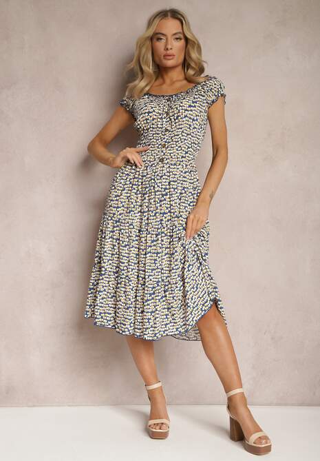 Niebiesko-Żółta Rozkloszowana Sukienka z Wiskozy Midi z Guzikami Firla