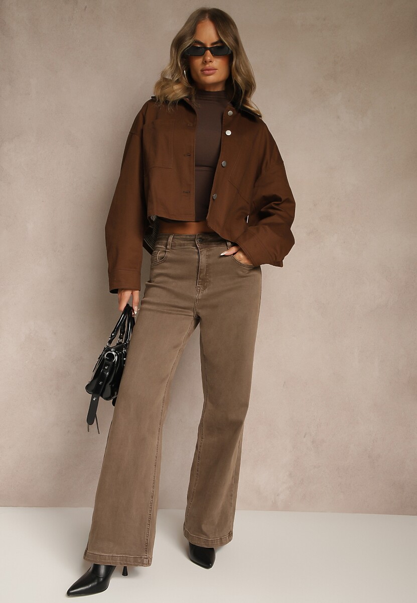 Brązowe Szerokie Jeansy High Waist z Bawełny Amendrie