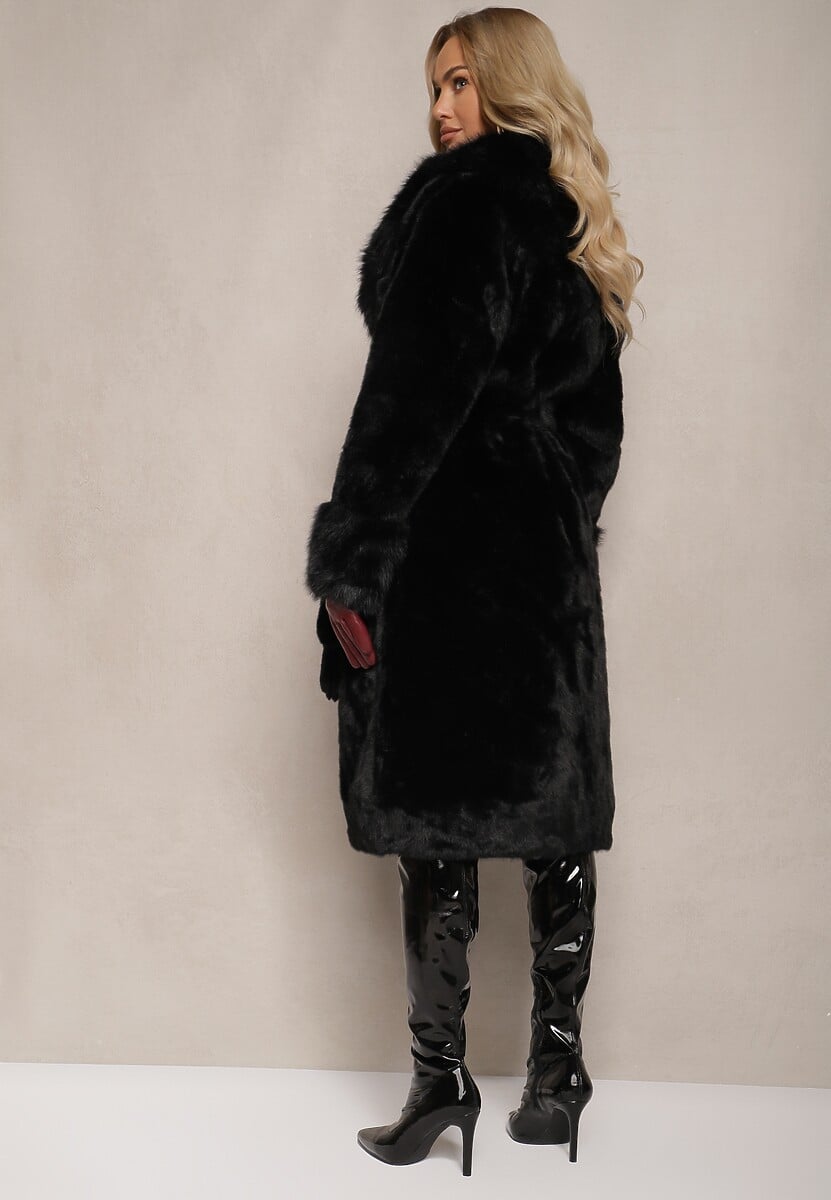 Czarny Futrzany Płaszcz z Wiązanym Paskiem Ozdobnym Kołnierzem i Mankietami Viaressa
