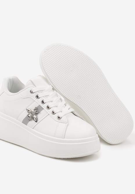 Białe Sneakersy z Ozdobną Aplikacją Owada z Przeszyciami na Platformie Ommea