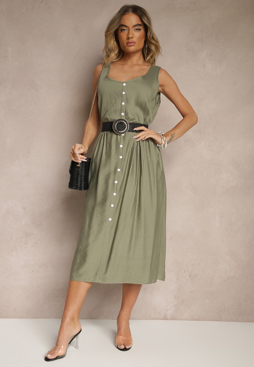 Różowa Rozkloszowana Sukienka z Wiskozy Ozdobiona Guzikami Nataviela