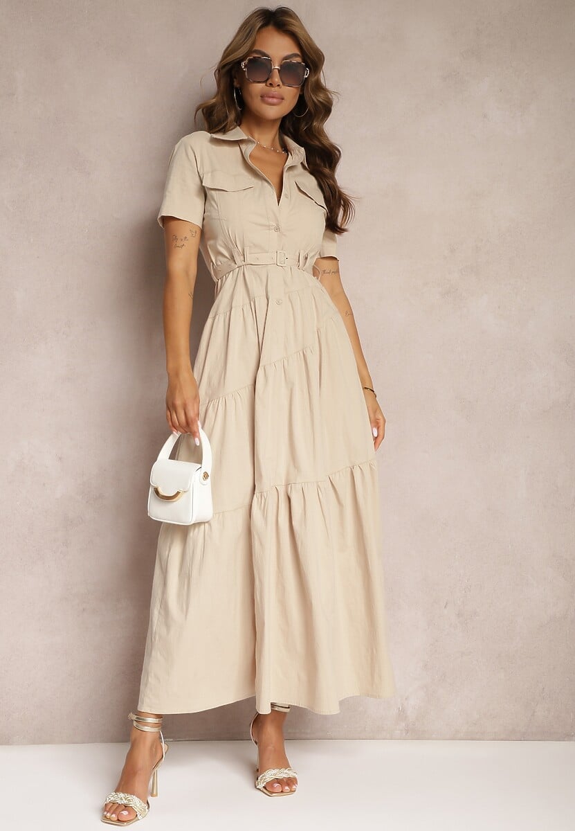 Beżowa Bawełniana Sukienka o Rozkloszowana Zwężana w Talii Nenefia