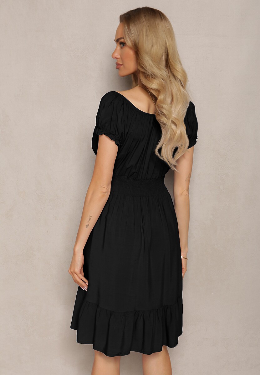 Czarna Sukienka z Wiskozy z Gumkami w Talii i Dekoltem ze Ściągaczem Tiimazela