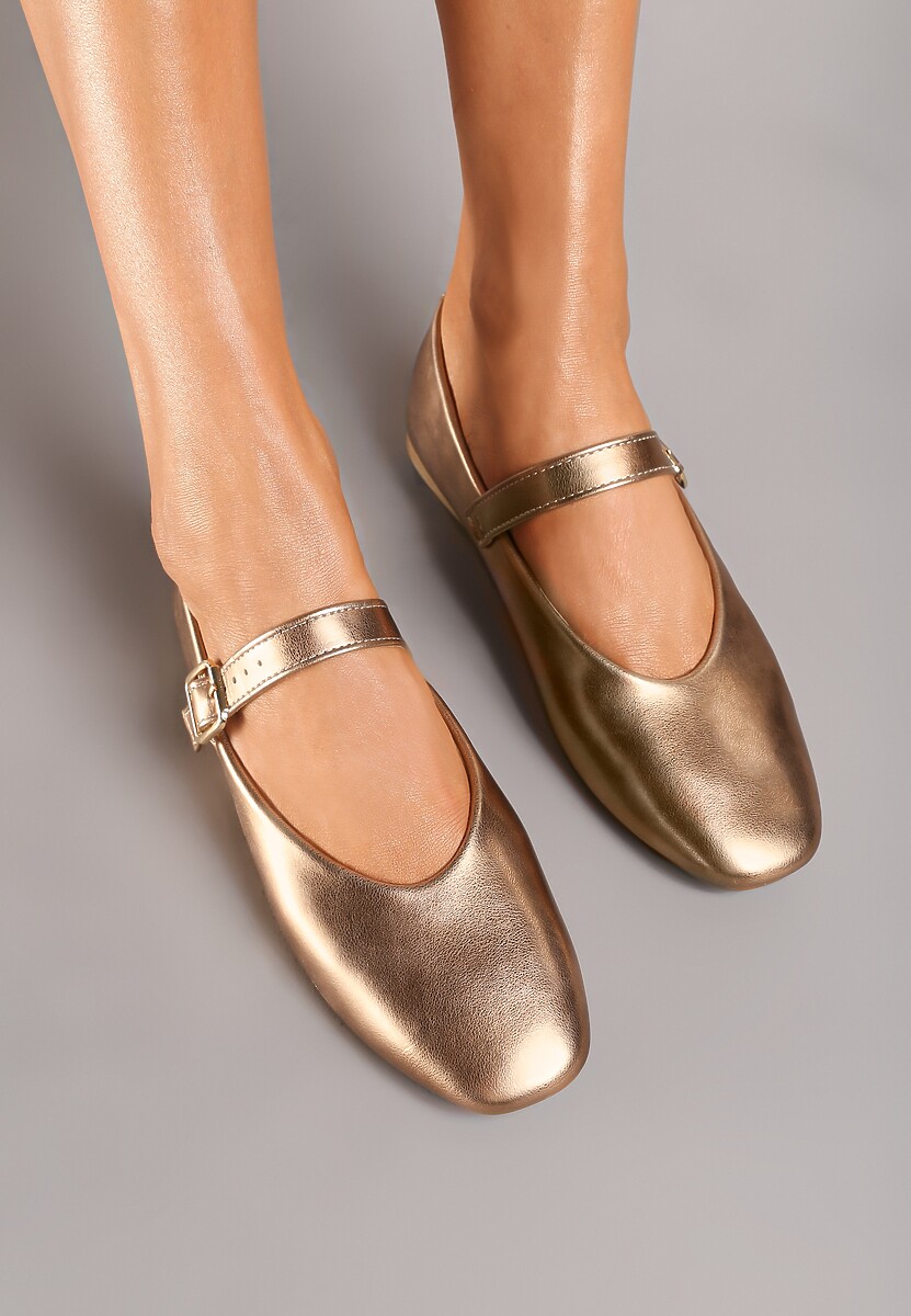 Szampańskie Balerinki na Płaskiej Podeszwie w Stylu Mary Jane Ozdobione Kwadratowym Noskiem Treloma