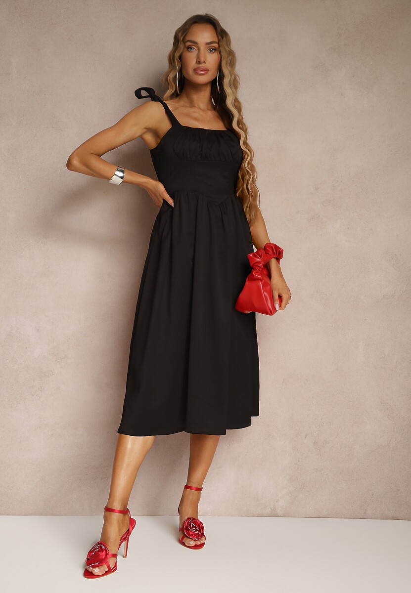 Czarna Sukienka Vices o Rozkloszowanym Kroju z Wiązanymi Ramiączkami Natirise