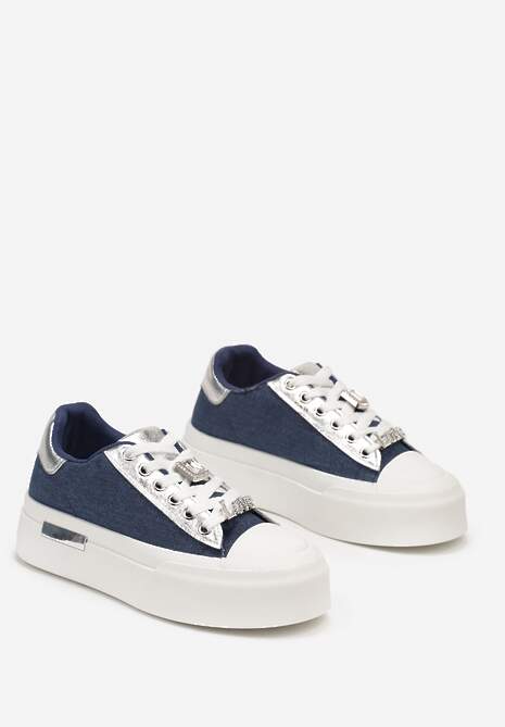 Niebieskie Casualowe Sneakersy na Platformie Ozdobione Cyrkoniami i Metalicznymi Wstawkami Primaria