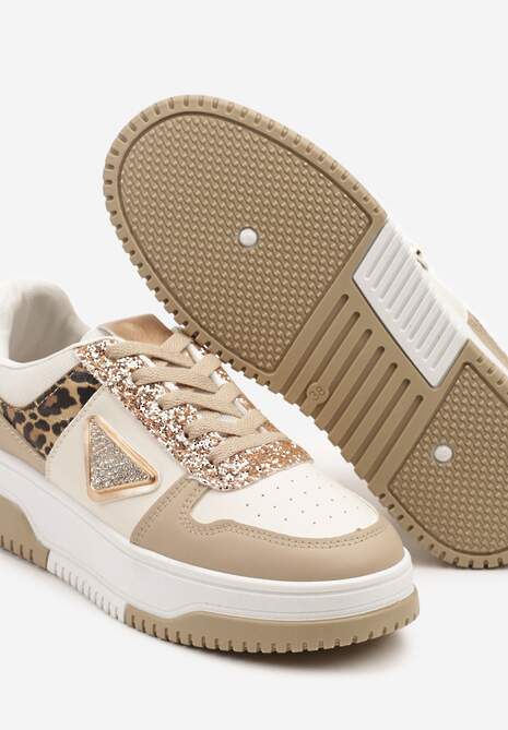 Ciemnobeżowe Sneakersy z Perforacją Cyrkoniami i Brokatem Tillidara