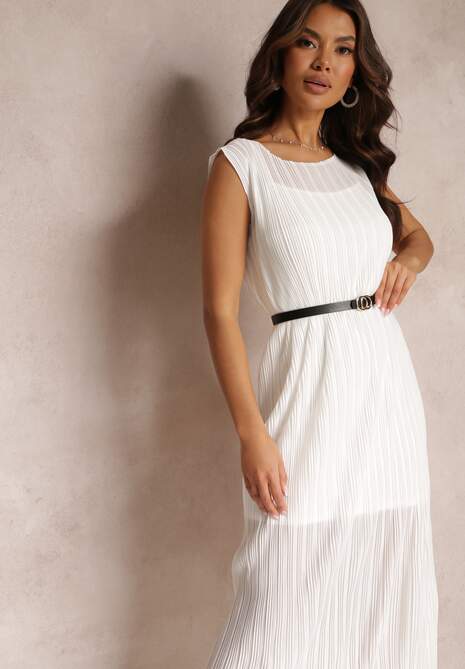 Biała Pudełkowa Sukienka Midi z Plisowanej Tkaniny z Paskiem z Klamerką Lanaia