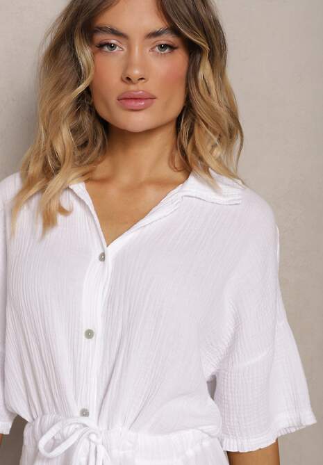 Biały Bawełniany Kombinezon Muślinowy Ozdobiony Troczkami Zapinany na Guziki Dlissa