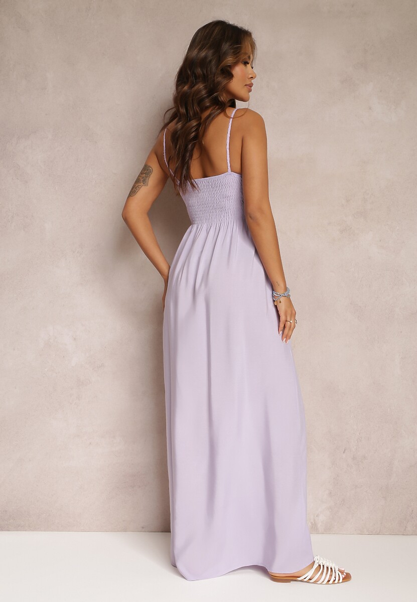 Fioletowa Bawełniana Sukienka Maxi z Szydełkową Górą i Gumkami na Plecach Jennesia