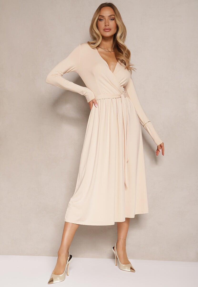 Jasnobeżowa Taliowana Sukienka z Paskiem z Domieszką Wiskozy Hrestalia