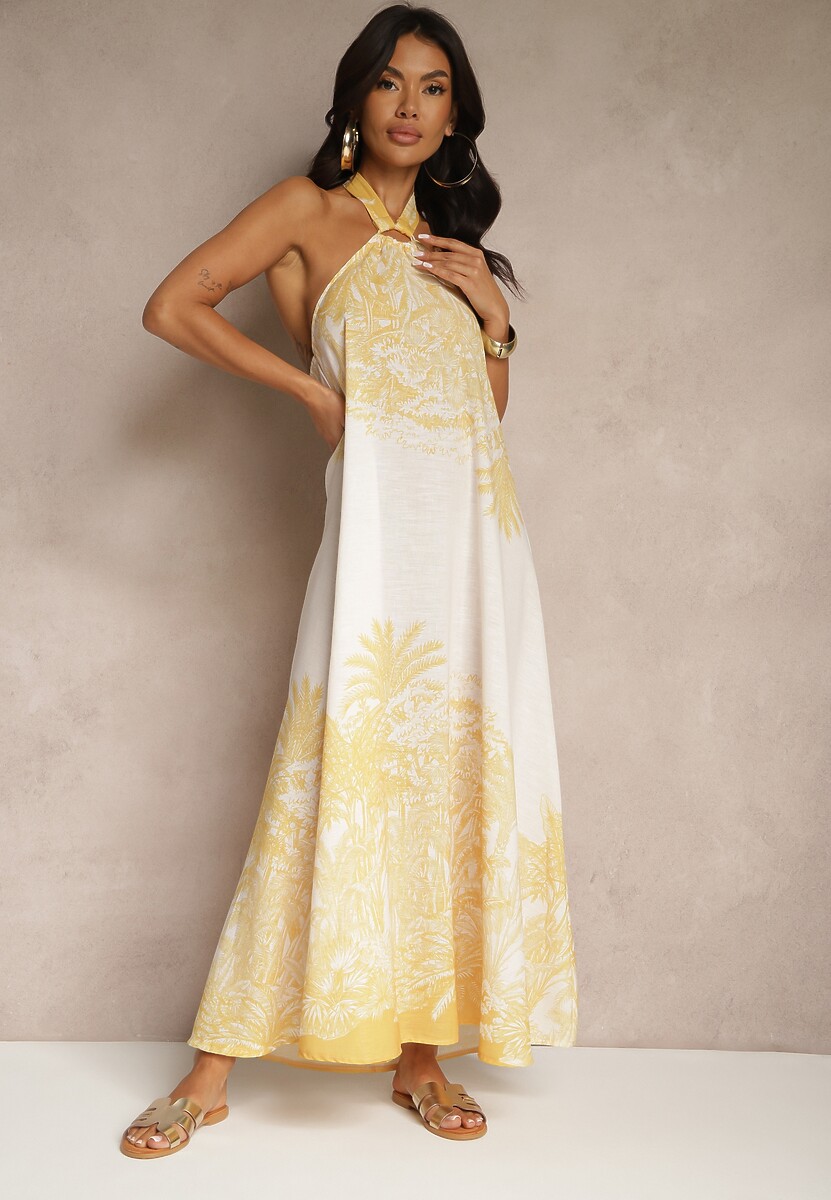 Żółta Sukienka z Wiskozą Ozdobiona Wiązaniem i Wzorem Palm Folenella