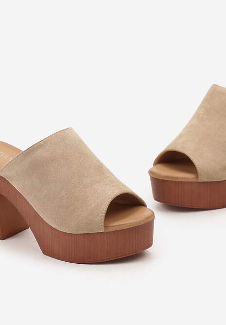 Ciemnobeżowe Klapki z Paskiem z Ekozamszu na Kwadratowym Obcasie i Platformie Siobhan