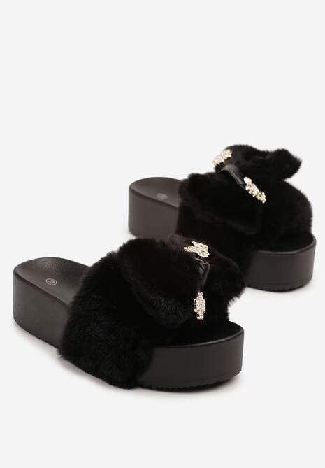 Czarne Klapki z Futerkiem i Kokardą na Piankowej Platformie Vorea