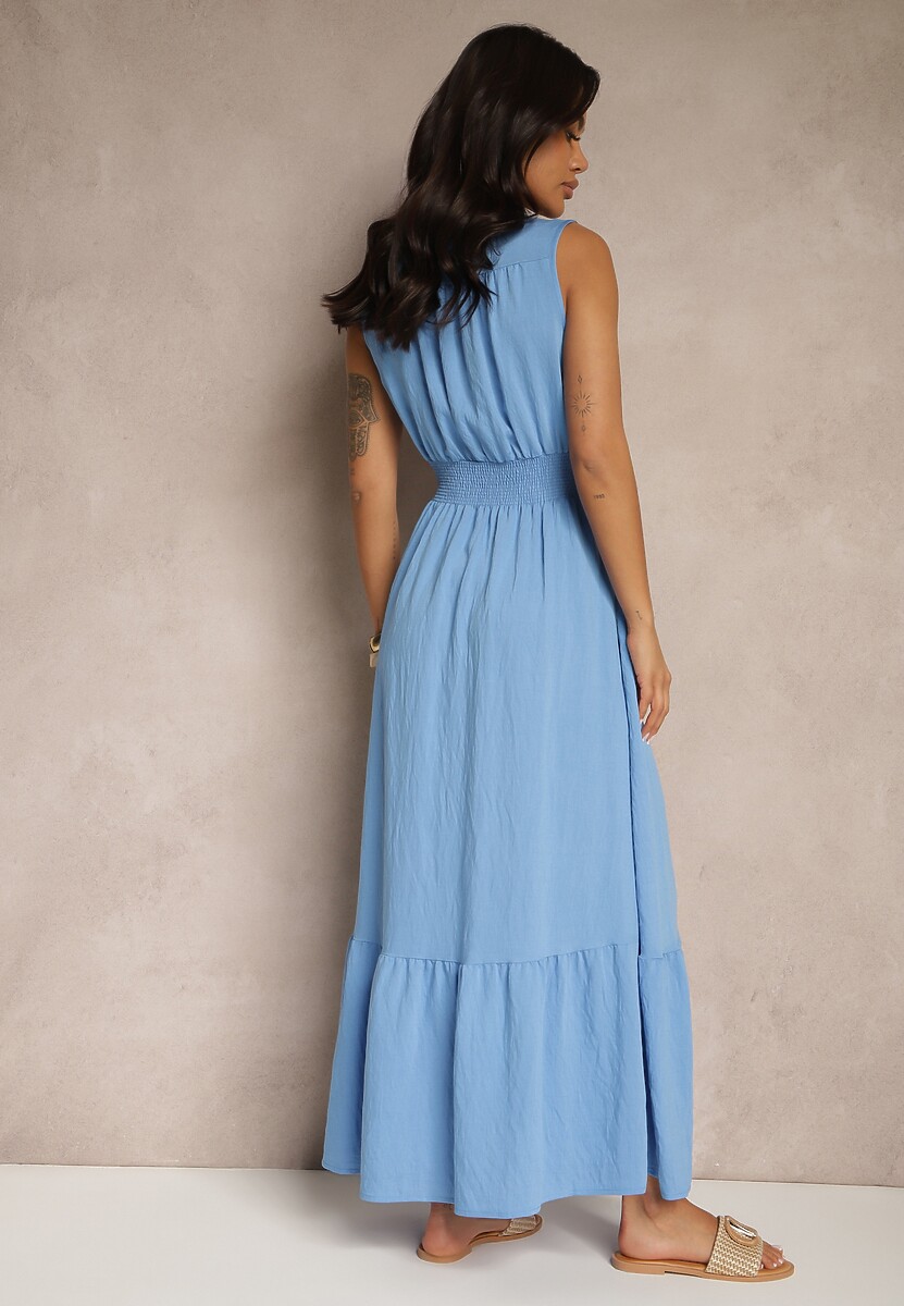 Niebieska Rozkloszowana Sukienka o Kopertowym Fasonie z Gumką w Talii Filadira