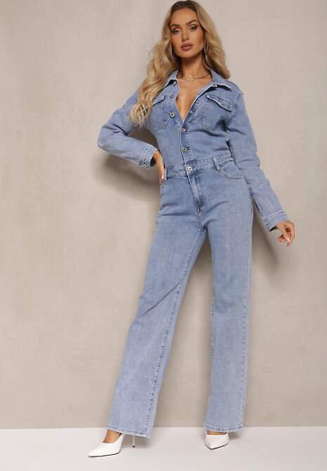 Niebieski Bawełniany Kombinezon Jeansowy z Guzikami i Kieszeniami z Klapami Starah