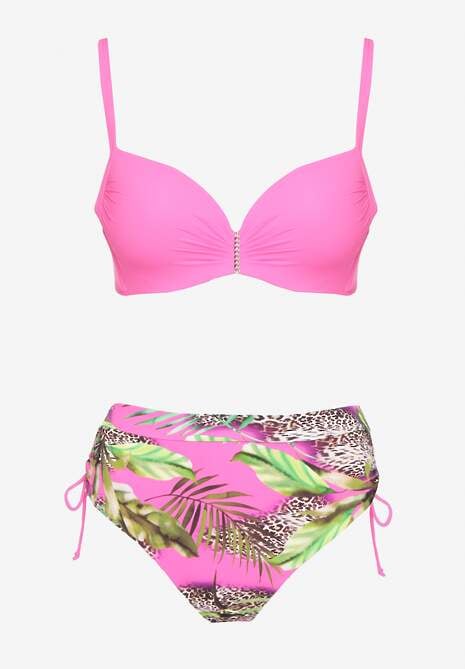 Fuksjowe Bikini z Motywem Roślinnym Biustonosz i Majtki Figi ze Ściągaczami Sadorene