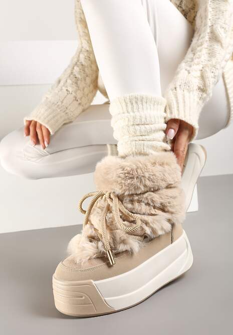 Ciemnobeżowe Futerkowe Śniegowce Wsuwane na Platformie z Imitacją Sznurówek Linettia