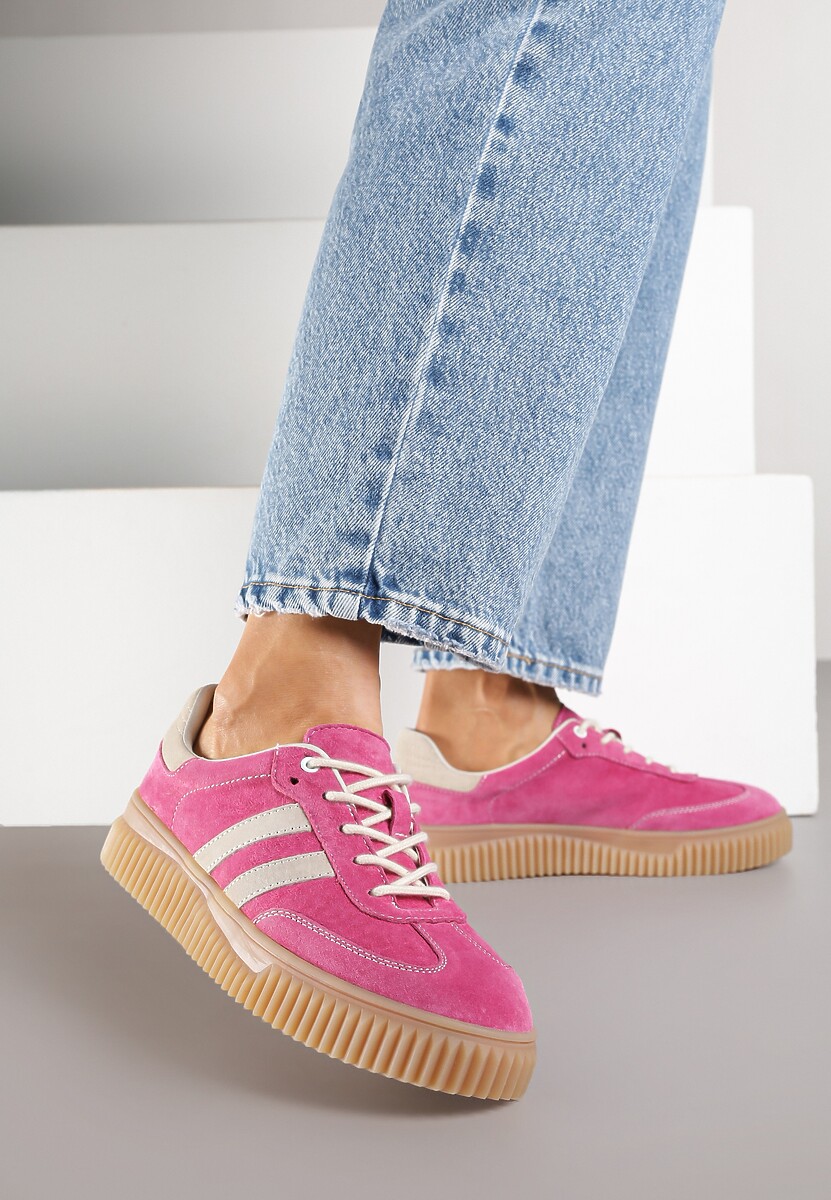 Beżowo-Brązowe Zamszowe Sneakersy w Stylu Kultowych Tenisówek ze Skórzaną Wkładką Tenannia