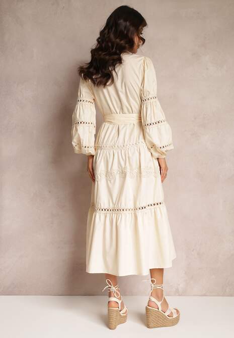Beżowa Sukienka Midi z Guzikami i Koronkami Feralo