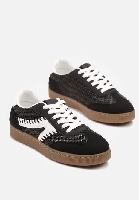Czarne Sneakersy w Stylu Klasycznych Tenisówek Zdobione Przeszyciami i Tweedem Koriznne
