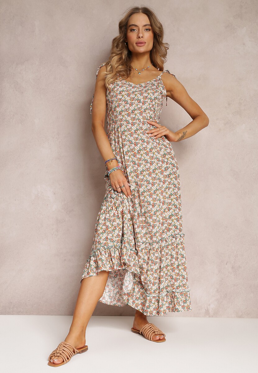 Biała Sukienka Maxi z Wiązanymi Ramiączkami i Falbanką na Dole Krosby