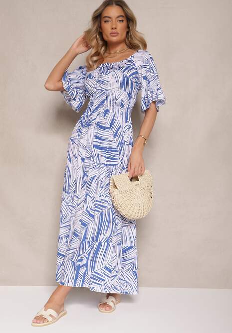 Niebieska Sukienka z Bawełny o Rozkloszowanym Kroju z Motywem Liści Aluielle