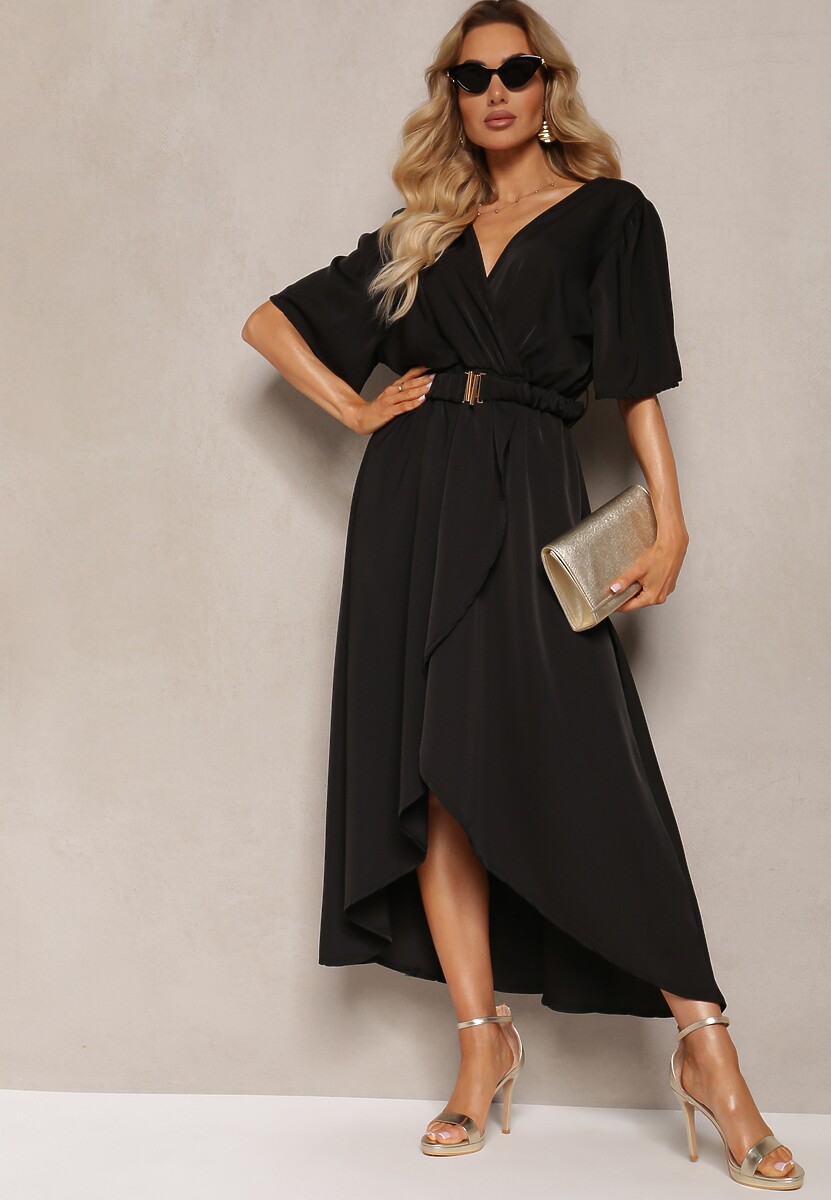 Czarna Sukienka o Kopertowym Kroju z Marszczoną Gumką i Paskiem w Talii Dariane
