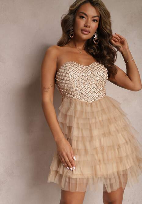 Beżowa Tiulowa Sukienka Mini o Rozkloszowanym Fasonie z Cyrkoniami Klonore