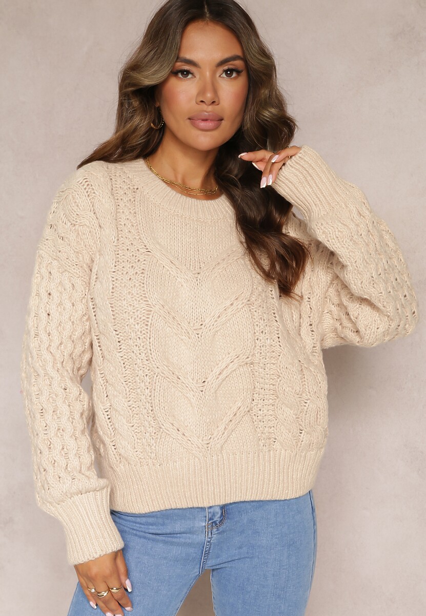 Beżowy Sweter z Wełną i Bawełną w Warkoczykowy Splot Kestina